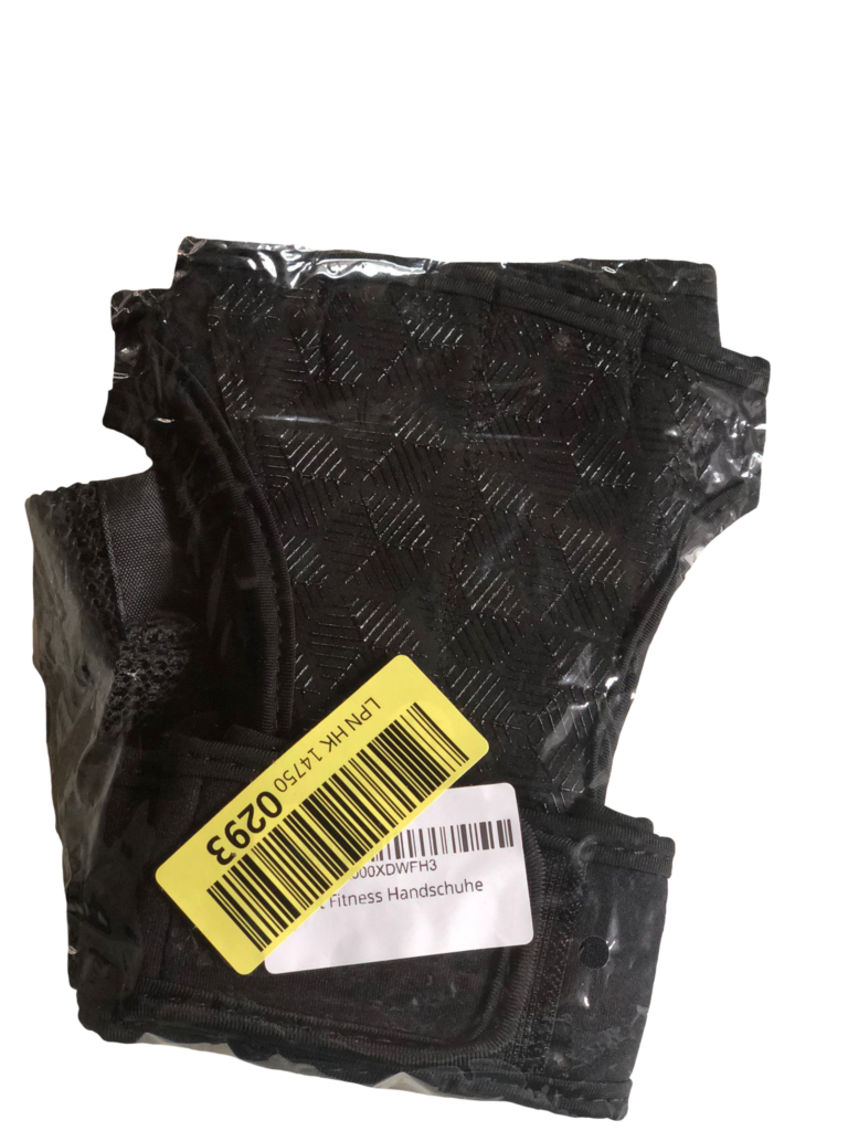 Testprodukt schwarze Trainingshandschuhe von No Limit mit schwarzer Tasche in Plastiktüte