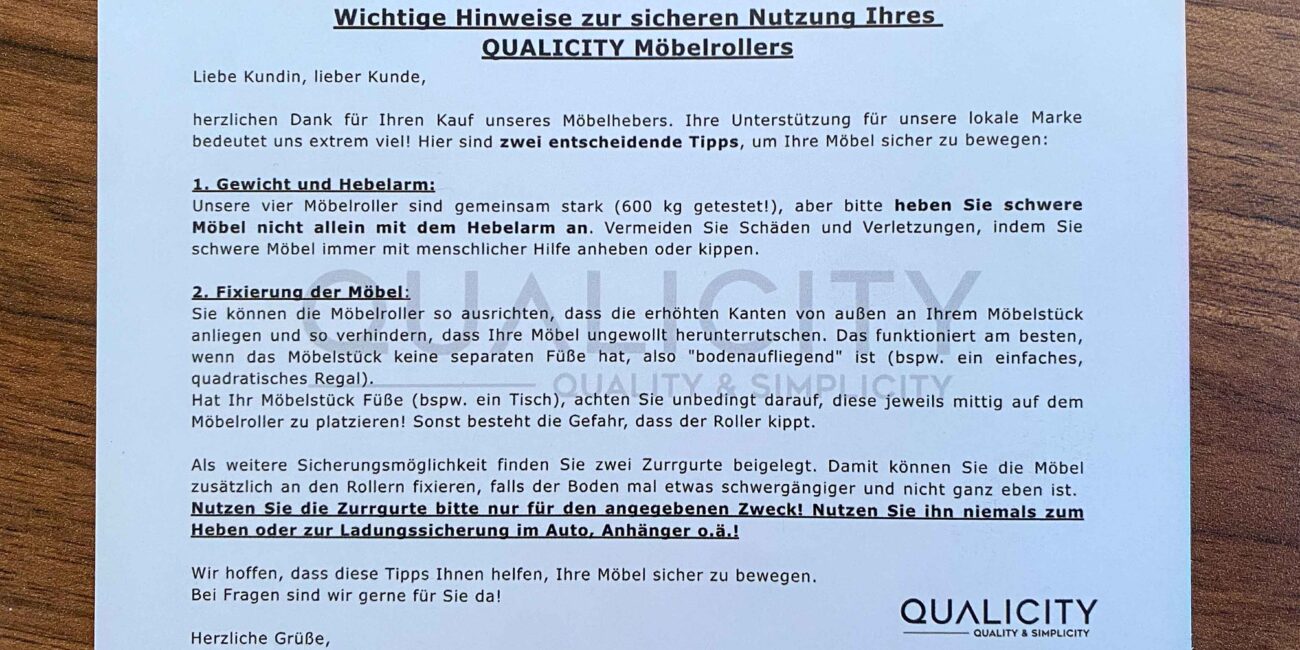 Beigelegte Karte von Qualicity mit Gebrauchshinweisen.