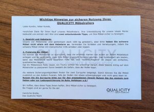 Beigelegte Karte von Qualicity mit Gebrauchshinweisen.