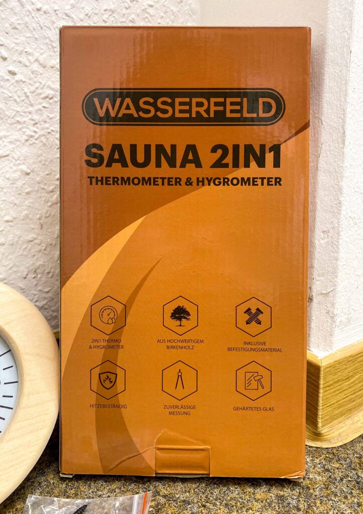 Verpackung des Saunathermometers von Wasserfeld.