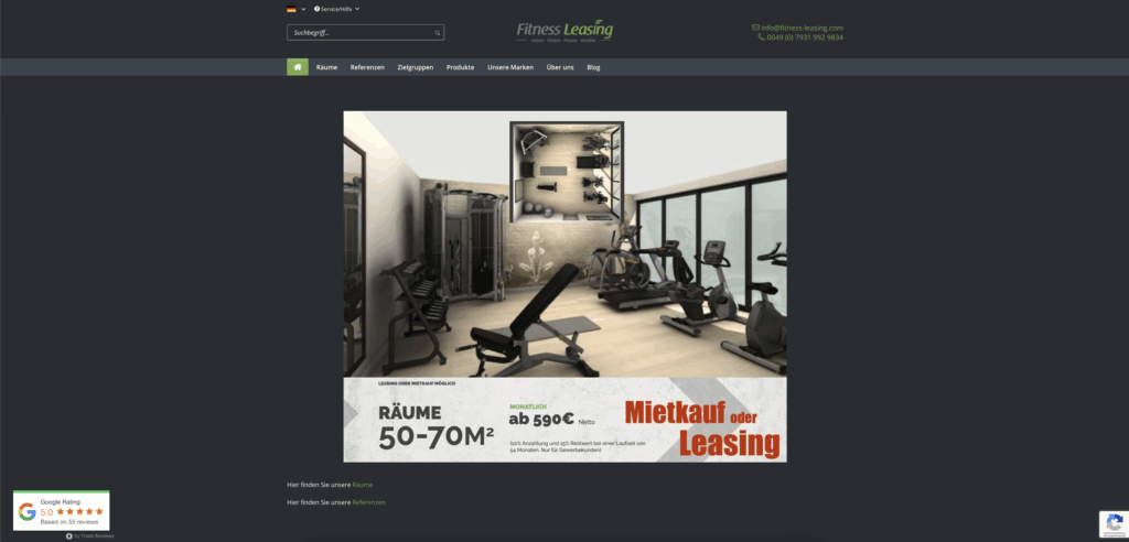 Startseite des THO geprüften Online-Shops Fitness Leasing.