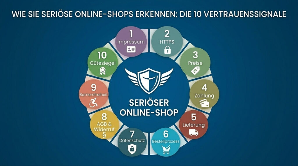 Infografik: 10 Merkmale seriöser Online-Shops im Kreis (u. a. Impressum, Datenschutz, Zahlungsarten & Gütesiegel).