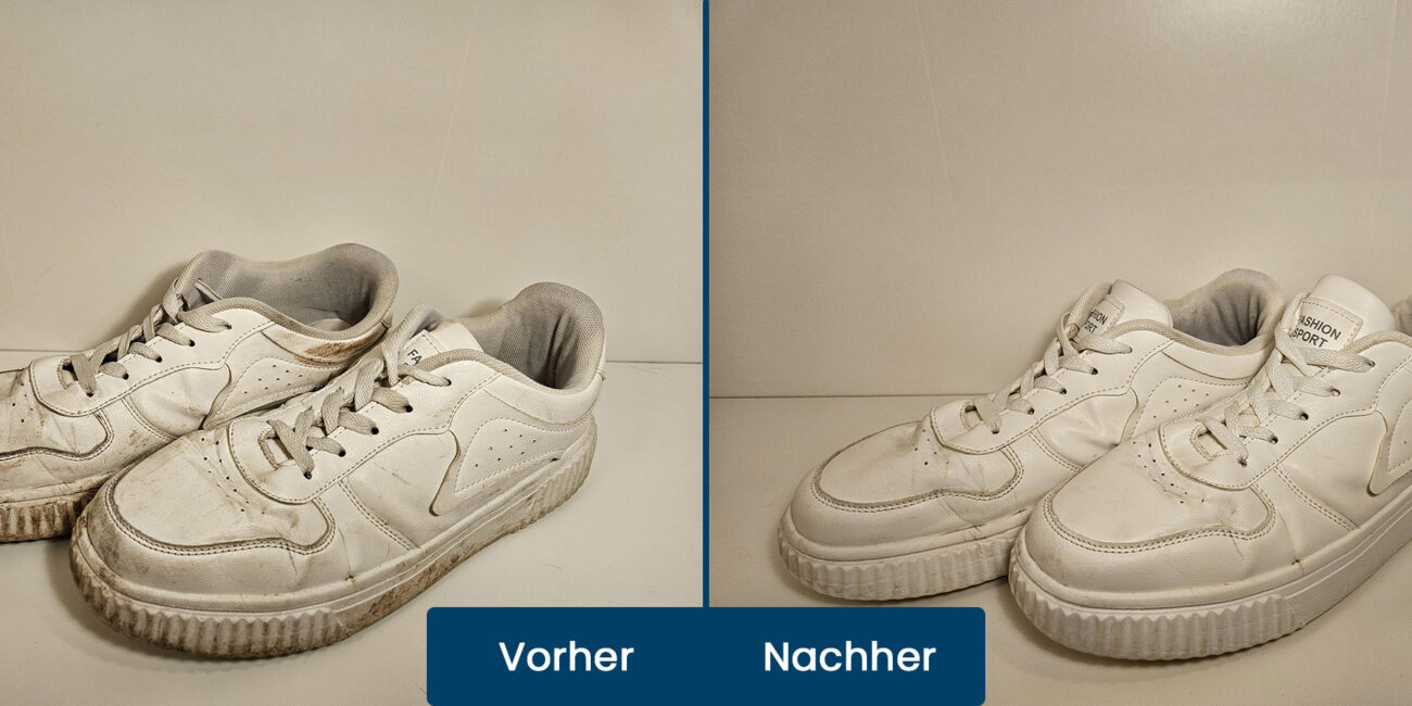 Vorher-Nachher-Bild weißer Sneaker nach dem Waschgang mit den Wäschebeuteln von Hausli.