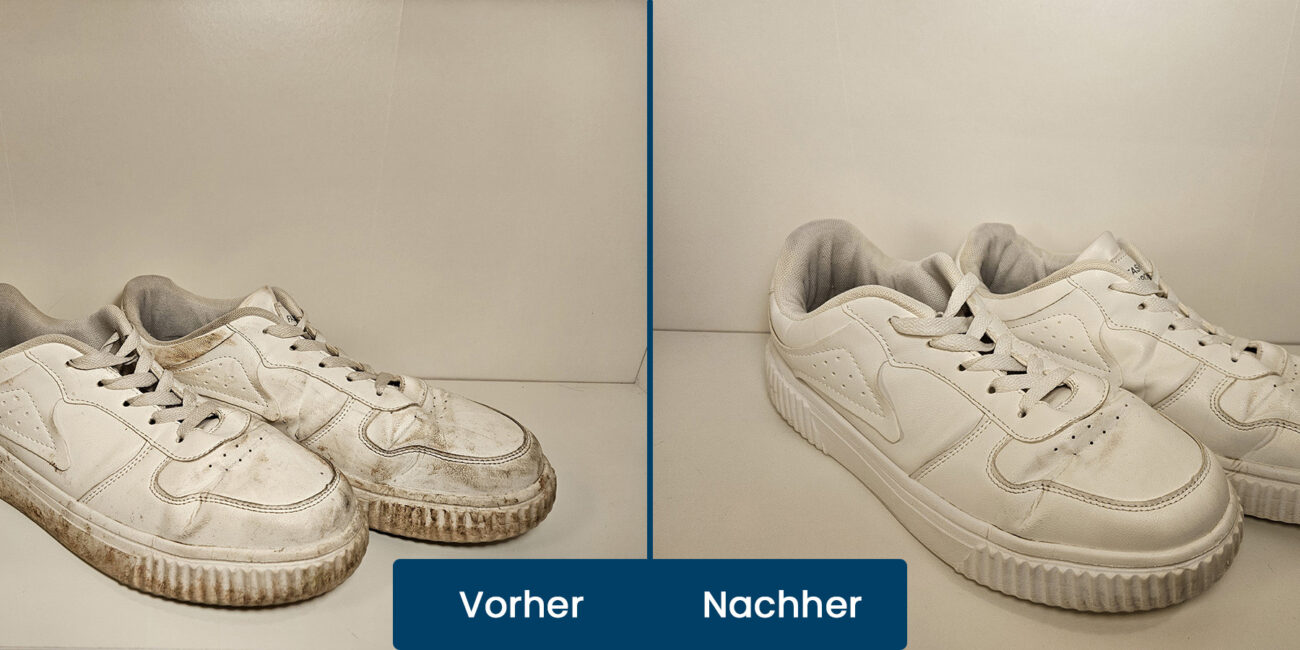 Vorher-Nachher-Bild weißer Sneaker nach dem Waschen mit den Schuhwaschbeuteln der Marke Hausli.