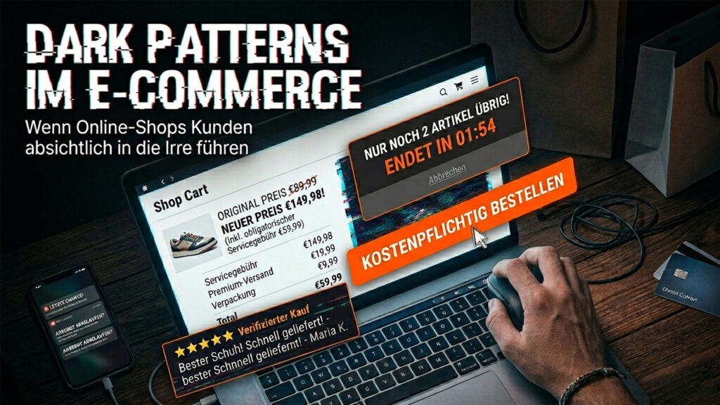 Dark Patterns im E-Commerce: Eine Hand bedient eine Computer-Maus vor einem Laptop-Bildschirm, der manipulative Verkaufstaktiken wie künstlichen Zeitdruck, versteckte Kosten und falsche Bewertungen zeigt.